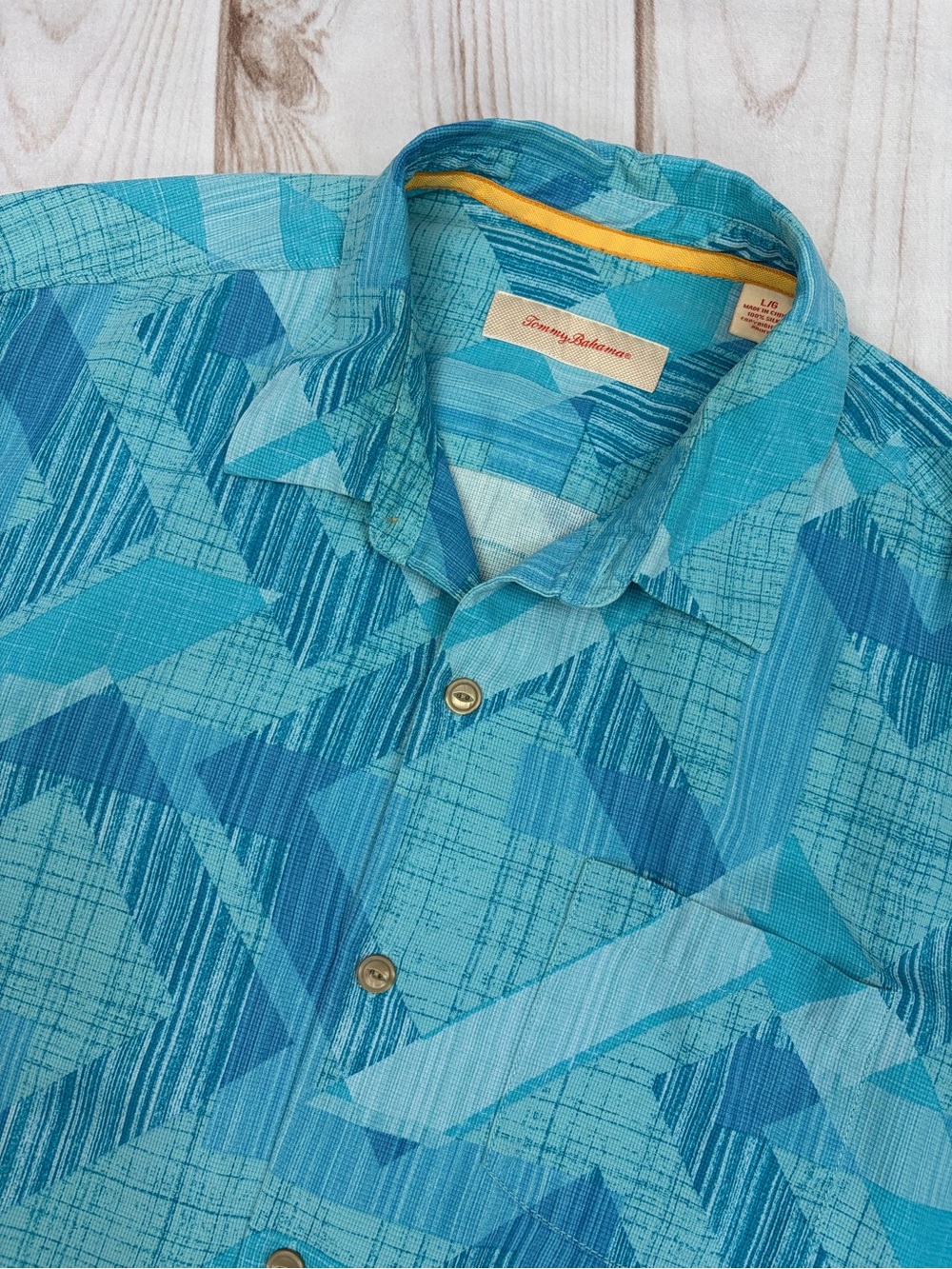 Tommy Bahama Short-Sleeve Silk Button-Up Shirt Pool Blue Geometric Sz L